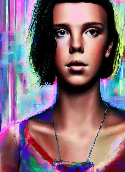 Prompt: Digital Art Portrait of cyberpunk Millie Bobby Brown