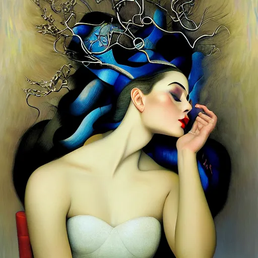 Prompt: dynamic composition, a painting of a sleeping woman with white hair full of ( corkscrew winter tree branches )!! wearing ornate earrings, ornate gilded details, a surrealist painting by tom bagshaw and jacek yerga and tamara de lempicka and jesse king, featured on cgsociety, pop surrealism, surrealist, dramatic lighting, wiccan, pre - raphaelite