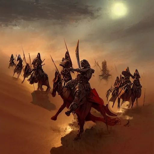 Prompt: crusaders charging across the desert sand by marc simonetti,