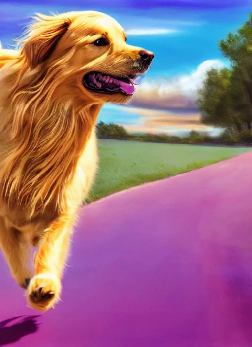 Image similar to a singular beautiful smiling dog running happily towards its owner, ethereal heavenly rainbow bridge in the background behind the dog, hyperreal, hyperdetailed, golden retriever, tall golden heavenly gates, amazing, stunning artwork, featured on artstation, cgosciety, behance