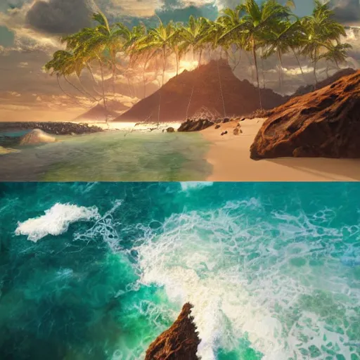 Image similar to hawaii island beach mountain by stanley artgerm lau, wlop, rossdraws, james jean, andrei riabovitchev, marc simonetti, yoshitaka amano, trending on artstation, trending on deviantart, deepdream, unreal engine, dramatic lighting, octane render, weta digital, micro details, 3 d sculpture, structure, ray trace,