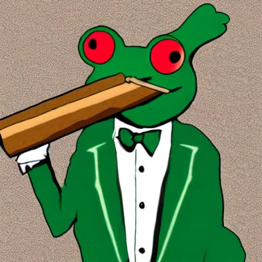 Image similar to a frog 🐸 wearing a suit smoking a cigar