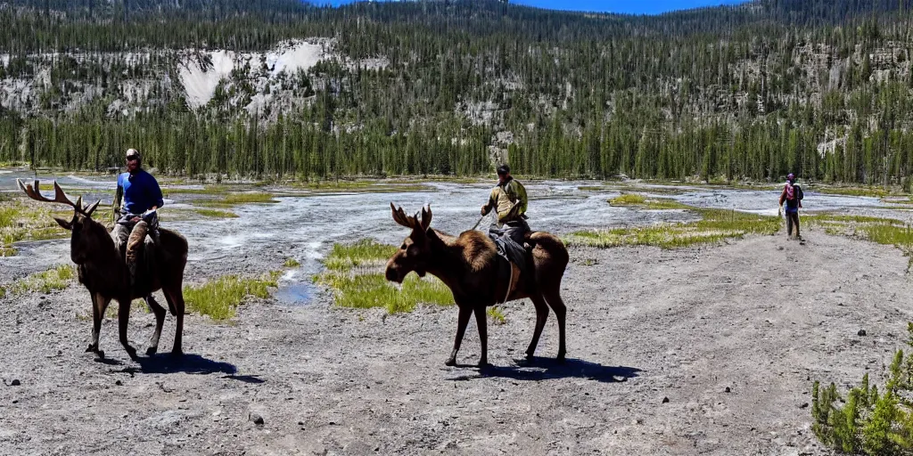 Image similar to hiker riding moose in yellowstone with prismatic spring in background