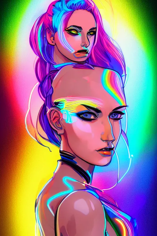 Prompt: a award winning portrait of a beautiful woman with stunning eyes in a one off shoulder croptop and cargo pants with rainbow colored hair, outlined by whirling illuminated neon lines and fine lines swirling in circles by greg tocchini, digital art, trending on artstation