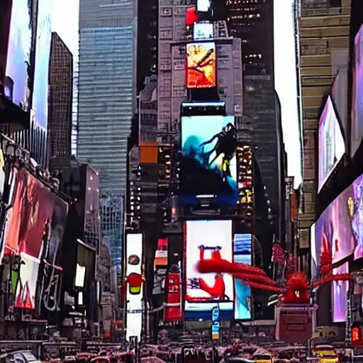 Prompt: looking up at a huge cyborg ant in times square, movie still