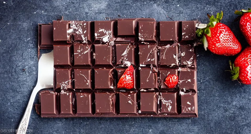 Image similar to A gourmet dark chocolate bar with a piece broken off, on an opened silver wrapper, next to sliced strawberries, on a wooden tray, macro lens product photo