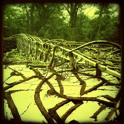 Image similar to “ a terrifying alien looms over a broken bridge, vines growing, wooded area ”