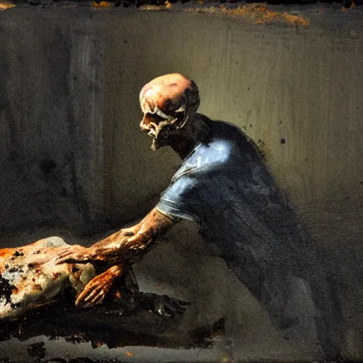 Image similar to one man in a cemetery digging up a dead body, by nicola samori, painting, 8 k, high detail, medium blue, orange, and dark green tones, high quality, sad feeling, high detail, dark colors, sinister atmosphere, dramatic lighting, cinematic, establishing shot, extremely high detail, photo realistic, cinematic lighting