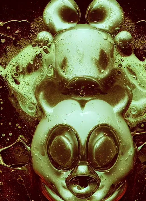 Image similar to mickey mouse head, fractal, broken, wet, mycelium, radiant alien, rococo, baroque, automotive, bio-mechanical, porcelain, iridescent sub surface scattering, octane render