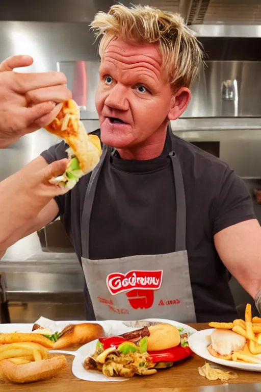 Prompt: photograph of chef gordon ramsay pretending to enjoy eating at mcdonald's, realistic, highly detailed,