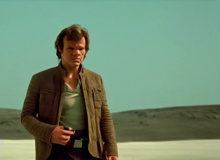 Image similar to screenshot of portrait Han Solo standing in an surreal light green 70s round minimalist architecture, iconic scene from 1970s film by Stanley Kubrick, the lost Star Wars Film, moody hazy lighting, stunning cinematography, hyper-detailed, crisp, anamorphic lenses, kodak color film stock, 4k, very detailed, hyper real render