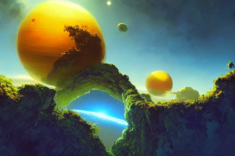 Prompt: a [ [ [ portal ]! to space ]!! opens up above earth ]!! reveals a beautiful alien world full of colorful vegetation, deep blue oceans, and a yellow sun shining down, sci - fi art, digital art, 3 d modeling, light painting, night scene, cosmic, illustrated by greg rutkowski