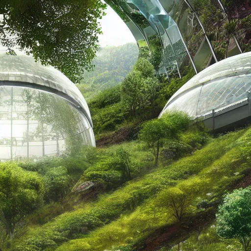 Image similar to vertical farms and white sci - fi dome in a steep sided valley with trees, a sense of hope and optimism, hyper realistic, high res, 4 k, warm light, edouard groult, bynde, kirill leonov