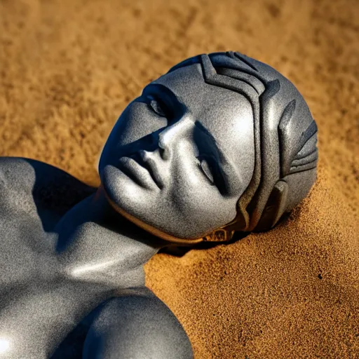 Image similar to the head of a marble cybernetic lady justice statue on ground covered in sand, cyberpunk background, highly detailed, epic lighting, hyper photorealism, 8 k