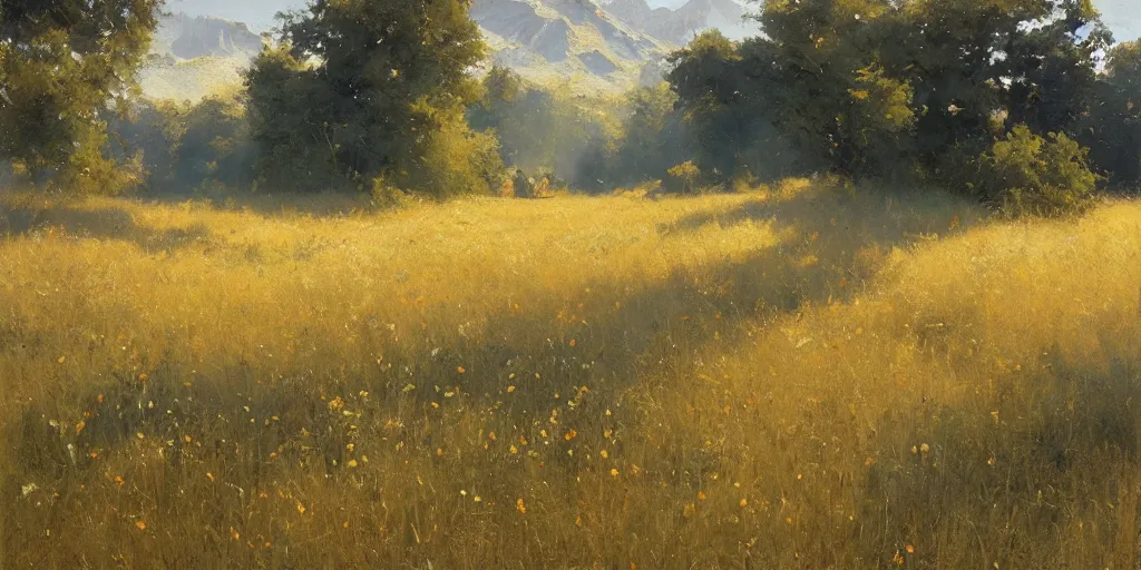 Image similar to an oil painting of a beautiful meadow; masterpiece; extremely-detailed; by Craig Mullins