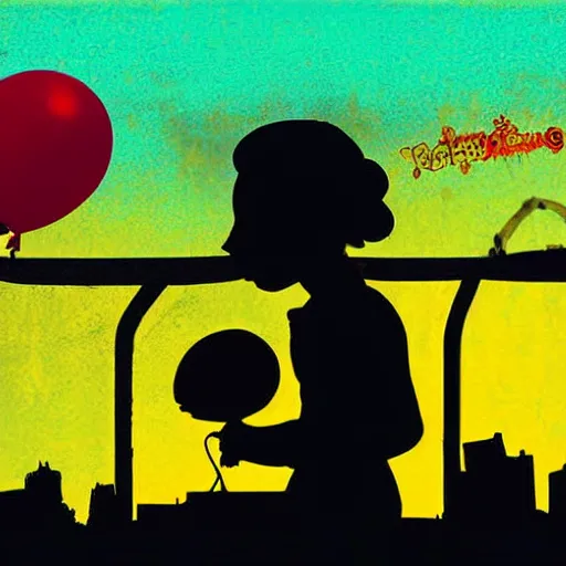 Image similar to a girl holding a balloon at a fairground. buildings with graffiti. silhouette. photograph in the style of simon stalenhag