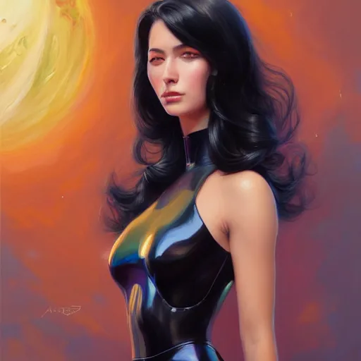 Image similar to a portrait of a very beautiful woman in a spacesuit, Alexandria\'s genesis, shoulder-length black hair, bored, illustration, soft lighting, soft details, painting oil on canvas by mark arian by artgerm, trending on artstation, 4k, 8k, HD