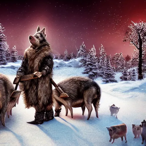 Image similar to the harvesting of 1 0 0 0 pigs by horrible viking men dressed in wolves clothing. in wintertime. in the moonlight. hyper realistic 8 k render.