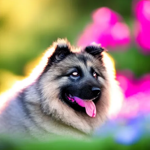 Image similar to a keeshond puppy sniffing a flower, sigma 8 5 mm f / 1. 4