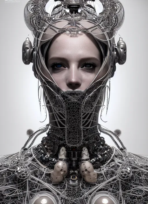 Image similar to portrait of an absurdly beautiful, graceful, sophisticated, fashionable cyberpunk mechanoid, hyperdetailed illustration by irakli nadar and alexandre ferra, intricate linework, white porcelain skin, faberge, coral headdress, unreal engine 5 highly rendered, global illumination, radiant light, detailed and intricate environment