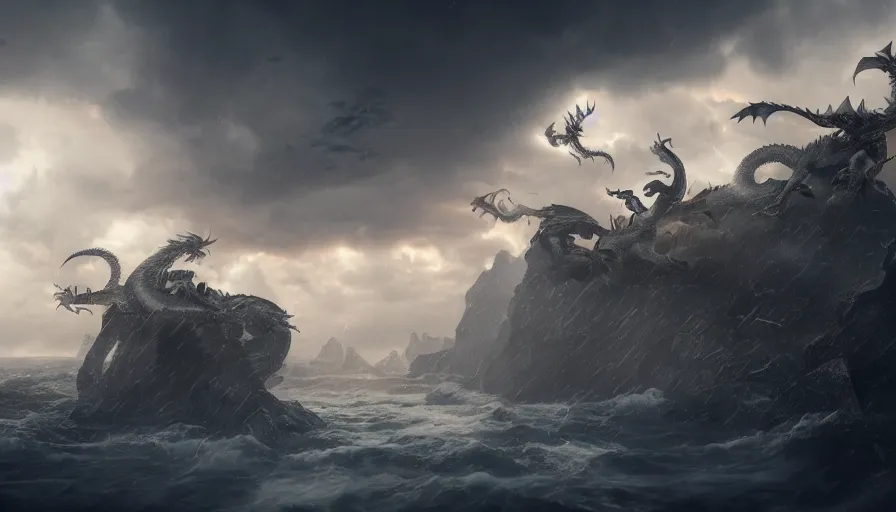 Prompt: dragons fighting in the sky, epic stormy weather, fantasy, octane render, high detail, 8k, in the style of Greg Rutkowski,