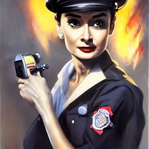 Prompt: ultra realistic portrait painting of audrey hepburn as a firefighter, art by frank frazetta, 4 k, ultra realistic, highly detailed, epic lighting.