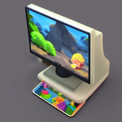 Prompt: 3 d cute object of the pc monitor, mobile game, isometric art, centralised, mohamed chahin, blender cycles render, solid colours material, no background and shadows