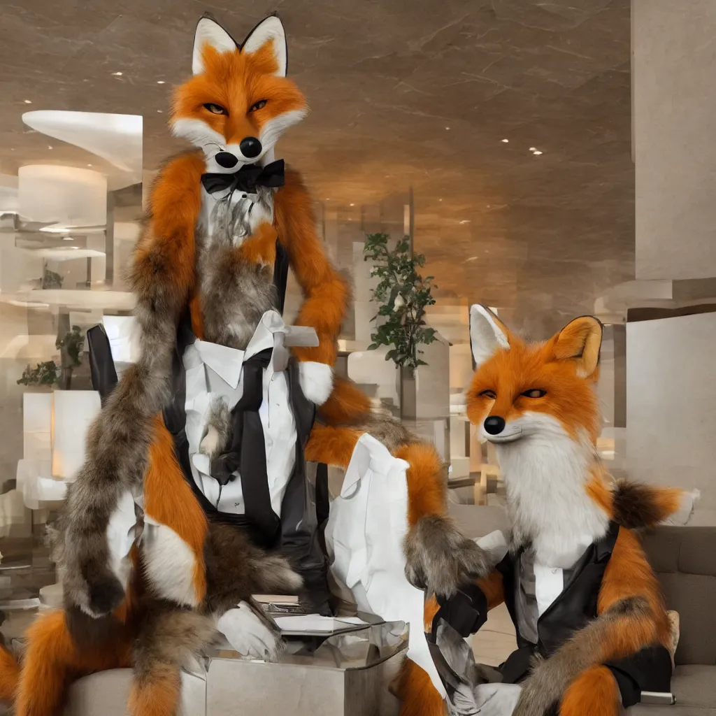 Image similar to a single anthropomorphic fox in suit sitting in the lobby of a futuristic hotel, anthro, furry