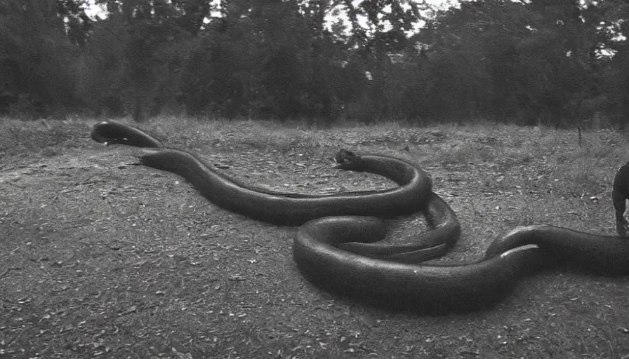 Prompt: a gigantic snake eating an old skinny man in a heavy burning kitchen, mini dv camera found footage, very very low quality picture, heavy grain, caught on security camera, heavy jpeg artifact, night vision very blurry, caught on trail cam, 1 4 4 p, ultra wide lens