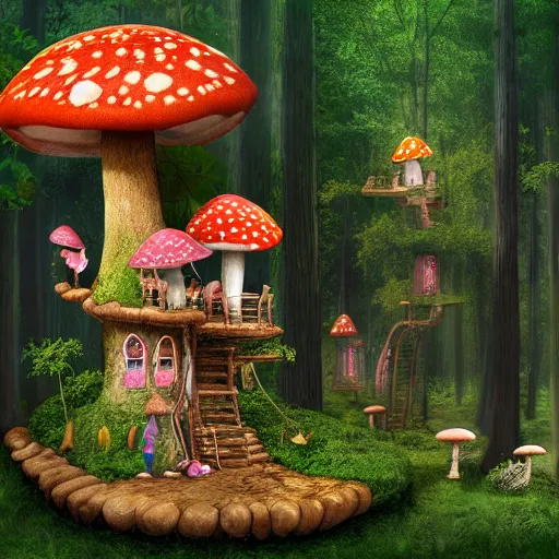 Image similar to Mushroom treehouse, fairy, magical, mystical, realistic, 4k