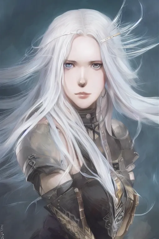 Prompt: an anime portrait of a white hair female viking, long wild hair, pale blue eyes, smirking, by WLOP, Stanley Artgerm Lau, Rossdraws, James Jean, Andrei Riabovitchev, Marc Simonetti, and Sakimichan, trending on pixiv, fully clothed, fully dressed