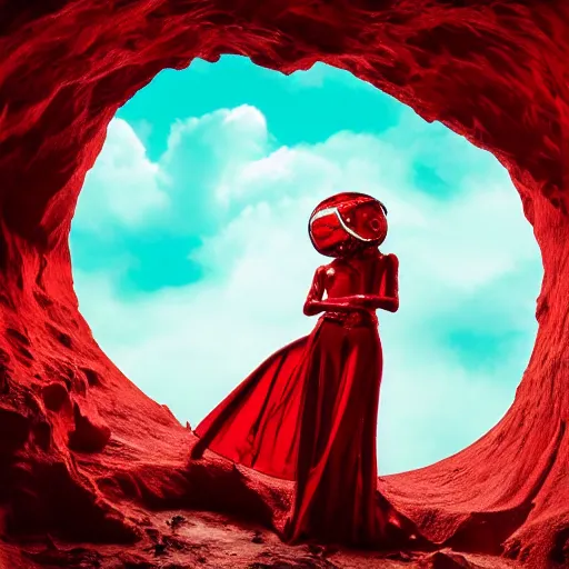 Prompt: female fashion model in year 3000 in a cave, model wearing a surreal Avant-garde helmet in red, dramatic lighting,photography , official Versace editorial , highly detailed