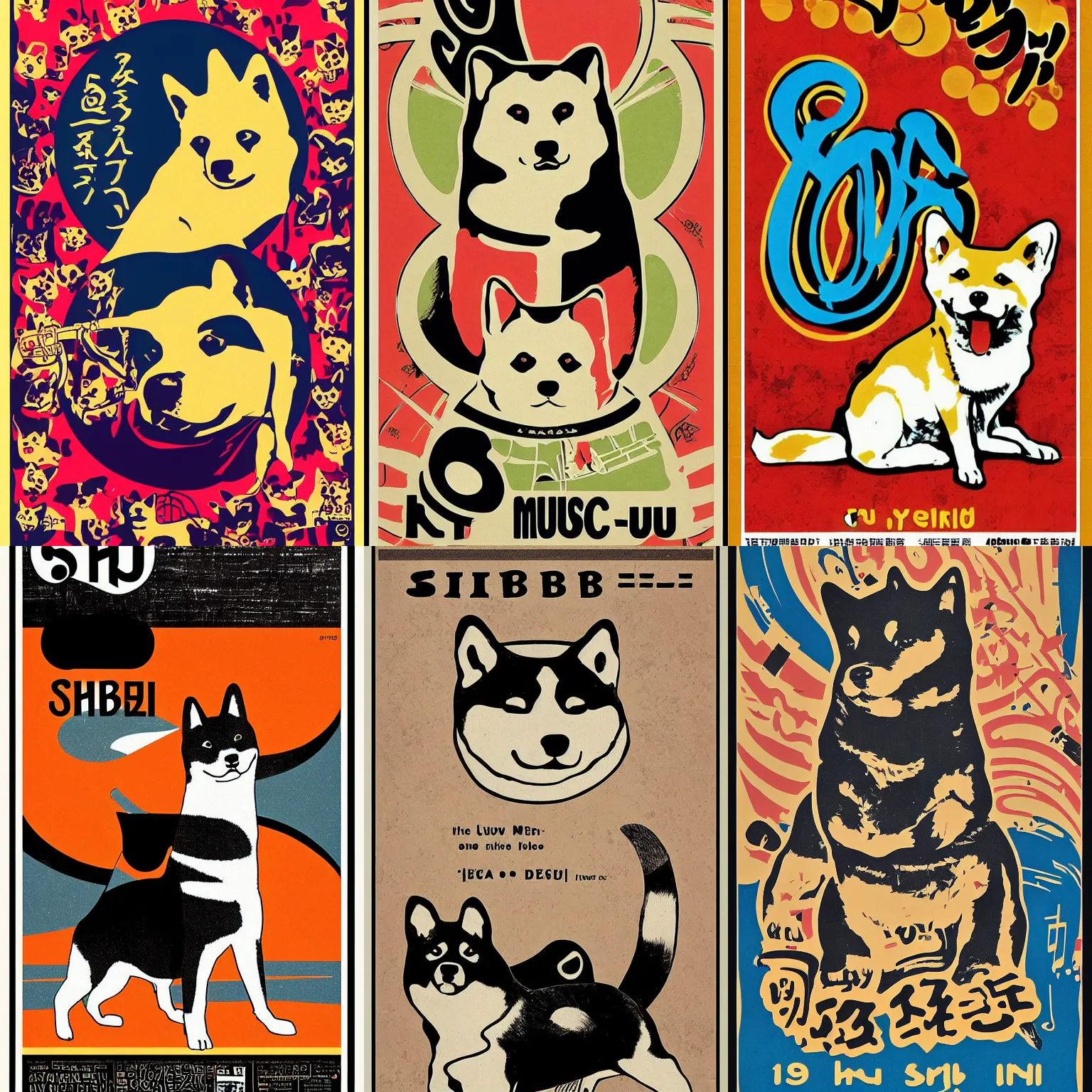 Image similar to Shiba Inu 60s poster, in the style of a music poster 1968