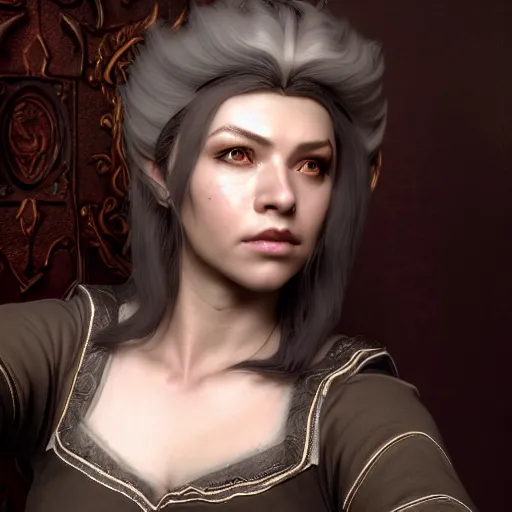 Prompt: selfie of lisette the bard of the winking skeever, skyrim, fine detailed face, enb, ks hairdo, stunning 3 d render inspired art by greg rutkowski and xiang duan and thomas eakes, realistic, highly detailed attributes and atmosphere, dim volumetric cinematic lighting, 8 k octane detailed render, post - processing, masterpiece