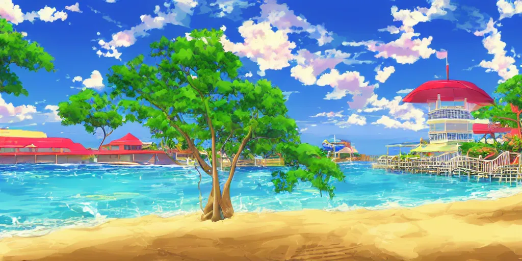 Image similar to anime beach resort background, award - winning digital art