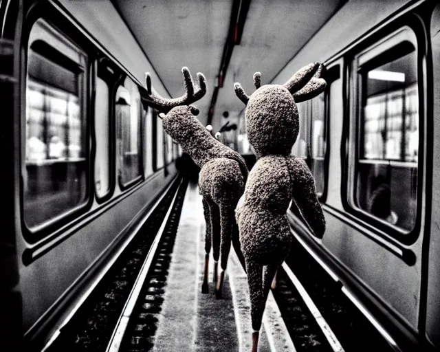 Image similar to a lomography photo of rumble between two humanoid deer in soviet train this morning, bokeh,