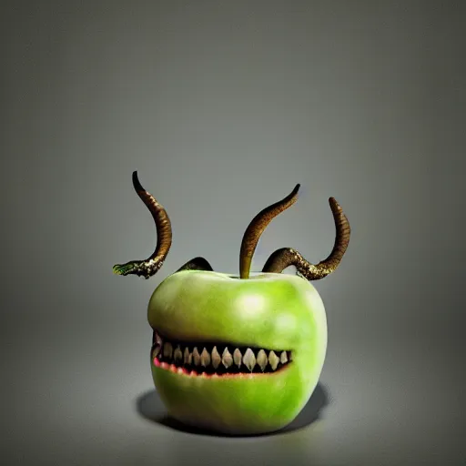 Image similar to An apple with monster teeth and horns, photorealistic, 4k, octane render, dark, scary, mist