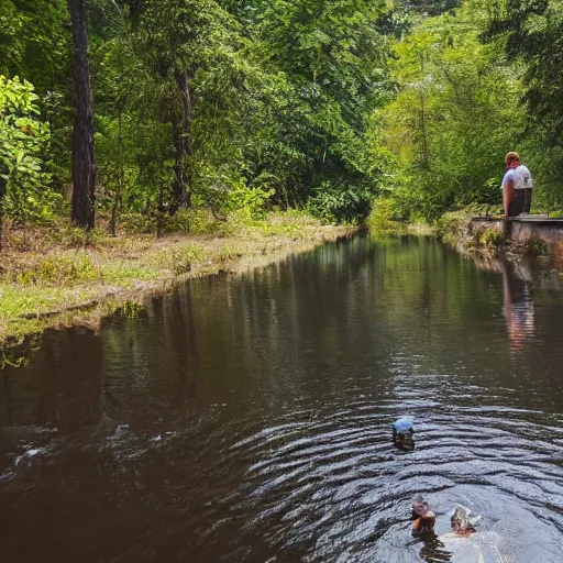 Prompt: two men sitting in a small damn on a river with a forest in the background