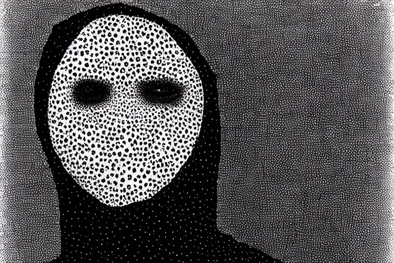 Image similar to face made out of mist, faceless people dark, dots, drip, stipple, pointillism, technical, abstract, minimal, style of francis bacon, asymmetry, pulled apart, cloak, hooded figure, made of dots, abstract, balaclava