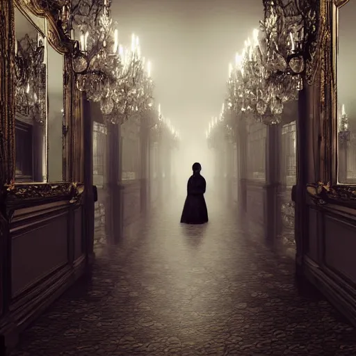 Image similar to a beautiful victorian woman is frightened by her doppleganger in a mirror. she is in a long hallway of mirrors. victorian interior, with many mirrors, twins, elegant design, haunting atmosphere, dark lighting, gothic, horror style, scary, swirling fog, volumetric lighting, by greg rutkowski, realistic, dutch angle, zombies