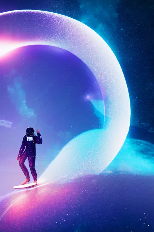 Image similar to astronaut surfing a surfboard on a sparkly crashing wave of stardust in space, background is a moon in nebula, octane render, unreal engine, wide view, 8 k, highdetaild