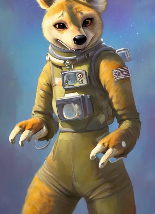 Prompt: oil painting detailed full body of anthromorphic female hyena, in style of zootopia, zootopia, zootopia, fursona, furry, furaffinity, 4 k, deviantart, furry art, fursona art, wearing astronaut outfit, in style of zootopia, hyena fursona, cyberpunk, female, detailed feminine face,