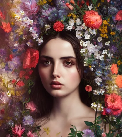 Prompt: portrait of ana de armas, surrounded by flowers by karol bak, james jean, tom bagshaw, rococo, trending on artstation, cinematic lighting, hyper realism, octane render, 8 k, hyper detailed