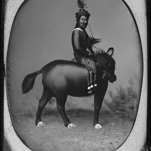 Image similar to Daguerreotype of a Cherokee Chief riding a large Malayan tapir