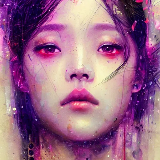 Image similar to jisoo of blackpink, hyperrealistic portrait, bladerunner street, by karol bak and agnes cecile, fantasy art, photo realistic, dynamic lighting, artstation, poster, volumetric lighting, very detailed face, 8 k, award winning