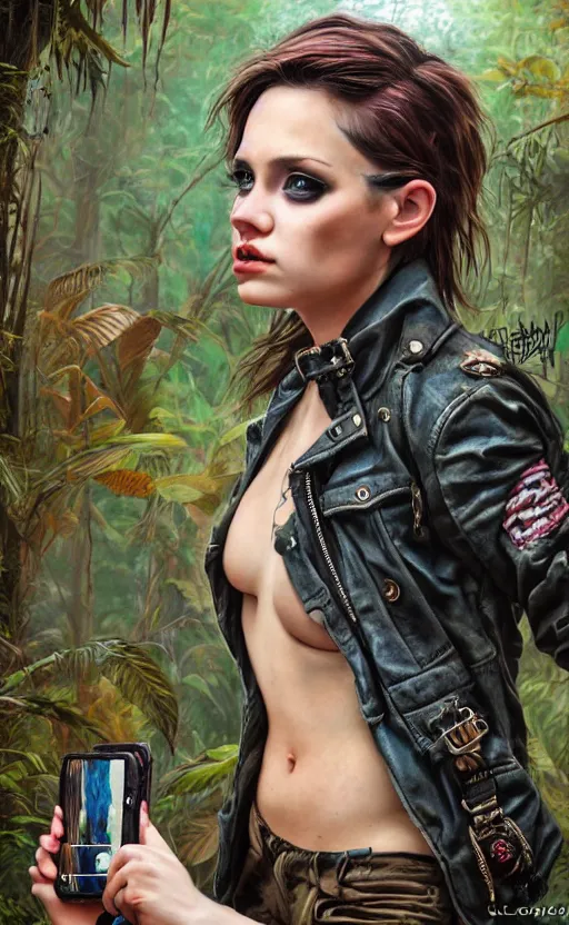 Image similar to cute punk rock girl making selfie in jungles, mad max jacket, renaissance, cables on her body, hyper realistic style, oil painting, highly detailed, fantasy by Olga Fedorova