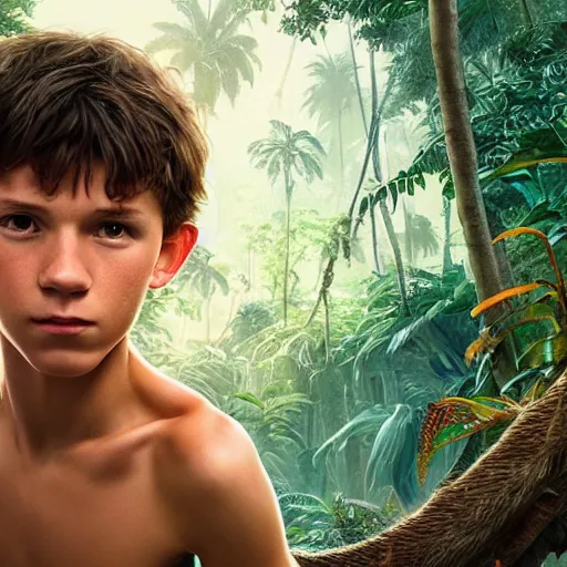 Image similar to skinny young tom holland as mowgli from the jungle book, dynamic lighting, path traced, atmospheric, highly detailed, high quality, beautiful painting, octane render, don bluth, ross tran, studio ghibli, alphonse mucha, jama jurabaev, extremely detailed, brush strokes, artstation, artgerm