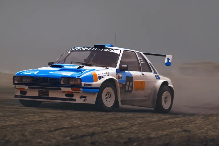 Image similar to group b rally car drifting, forza, photoreal, dynamic scene, dynamic lighting, 8 k, motion blur, dust, trending on artstation, higly detailed, ( higly detailed ), styleframe, crowned, artwork by wlop