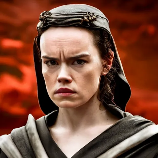 Image similar to movie still of daisy ridley as sith empress wearing a black satin robe and metal belt with dark eye makeup, sweaty, detailed eyes, neutral expression, shallow depth of field, photorealistic, cinematic lighting, lovely bokeh, dark moody light, strong rim light, movie quality, star wars