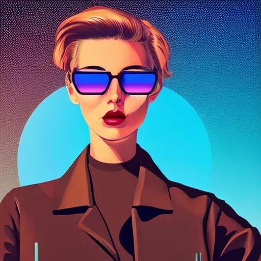 Image similar to a woman with light blue shutter shades in front of a sunset, a dark brown leather jacket, one side brown haircut with blue ends, vector art by jan tengnagel, pixabay contest winner, retrofuturism, retrowave, synthwave, outrun, portrait, synthwave